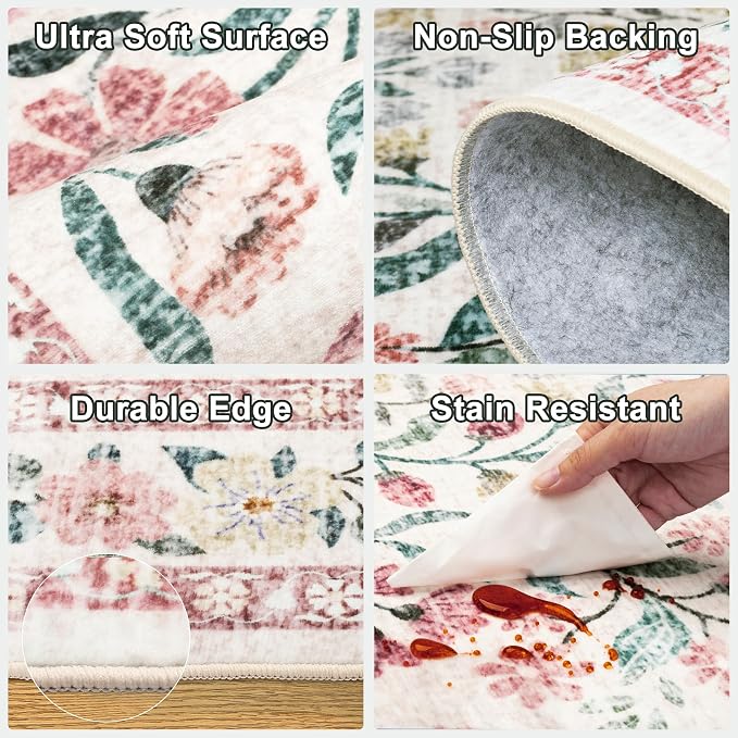 PLHXFR 2.6x14 Washable Runner Rug：Floral Indoor Kitchen Carpet Pink Green | For Hallway Bedroom Kitchen Laundry Bathroom Dorm,Vintage Floral,Machine washable,Non Slip,Stain Resistant,Indoor Floor