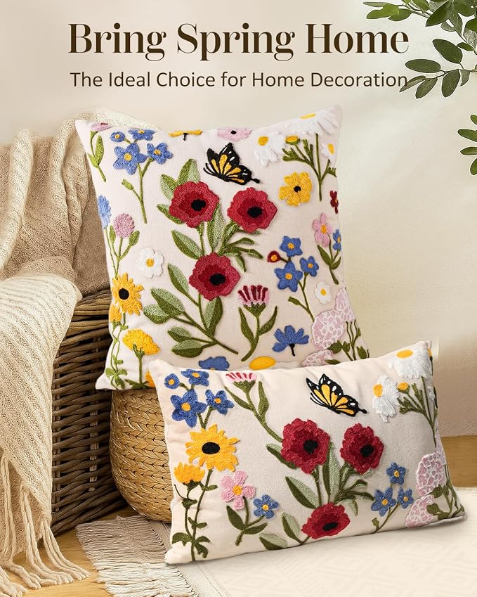Embroidered Throw Pillow Cover 20x20 Inch, Retro Flower | Decorative Pillow Cover, Vintage Boho Cushion Case with Hidden Zipper, Floral Decor for Couch, Sofa, Living Room, Bedroom