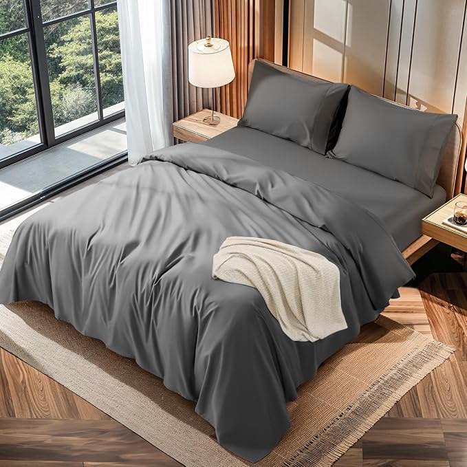 LBRO2M 100% Egyptian Cotton Sheets 1200 TC, Deep Pocket 16", 4Pcs, Full | Long Staple Cotton Bed Sheets, Extra Soft and Breathable Sheets, Cozy for All Seasons, Dark Gray