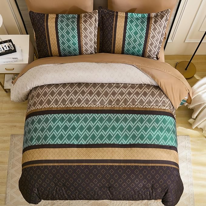 Cottolester Queen Comforter Set 7 Pieces,Boho Striped Bed in a Bag | Brown and Green Bed Set,Soft Microfiber Complete Bedding Sets
