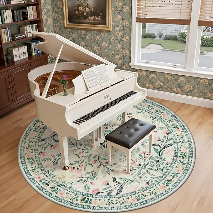 PLHXFR Round Area Rug Living Room: 8 ft Floral Washable Carpet Green Beige | For Bedroom Dining Room Farmhouse Nursery Hallway,Vintage Floral,Machine washable,Non Slip,Stain Resistant,Large Indoor
