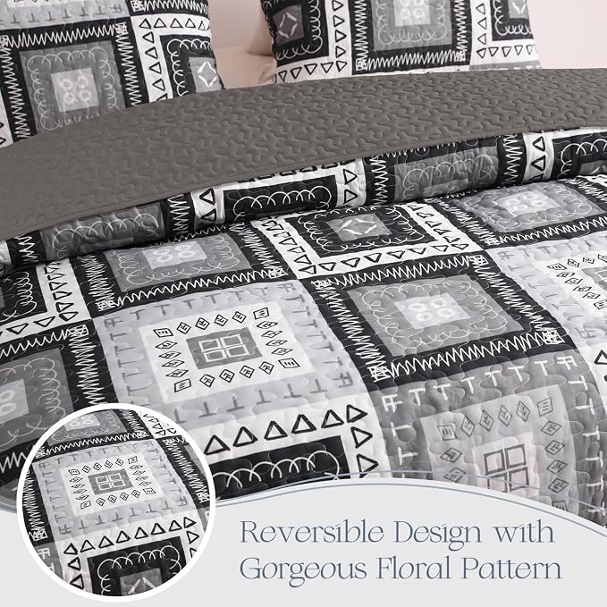 Exclusivo Mezcla Reversible Boho Quilts Full Size Black | Lightweight Soft Bedspreads, All Season Patchwork Coverlet Bedding Set, Printed Floral Pattern, 1 Quilt and 2 Pillow Shams