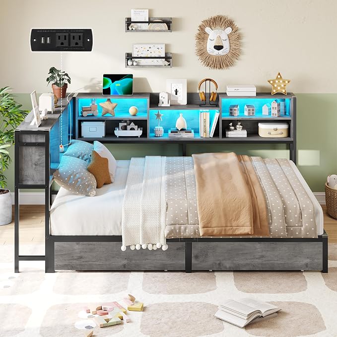 DICTAC Corner Full Bed Frame with Bookcase Storage and Led Lights Metal Platform Bed Frame with 2 Drawers & Charging Station Full Size Daybed with Storage for Living Room,Bedroom,Guest Room,Oak Gray
