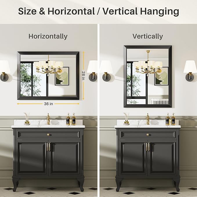 Black Metal Framed Bathroom Wall Mirror, 20x28 Inch | Anti-rust, HD tempered glass, for bathroom vanity, bedroom, living room, horizontal or vertical mount