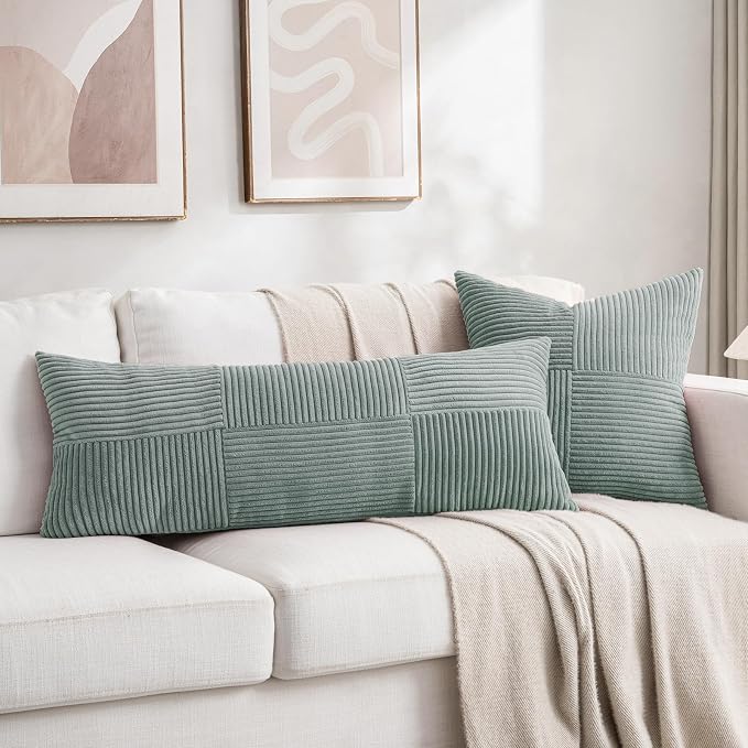 Fancy Homi 2 Packs Grey Blue Decorative Throw Pillow Covers 18x18 Inch for Couch Bed Sofa, Rustic Boho Farmhouse Home Decor, Soft Corss Corduroy Patchwork Textured Square Cushion Case 45x45 cm