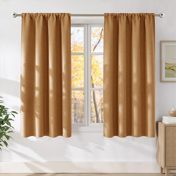 NICETOWN Gold Brown Faux Linen Room Darkening Rod Pocket Curtains 63 inch Length, W42 x L63, Light Blocking Thermal Insulated Noise Reducing Drapes for Bedroom Living Room Farmhouse Decor, 2 Panels