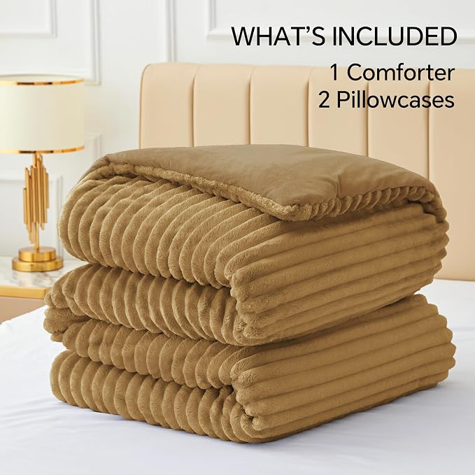 BEDELITE Fleece California King Comforter Set, Fluffy Bed Set, Brown | Super Soft & Warm Bedding, Luxury Fuzzy Faux Fur Comforter for Winter, Heavy Plush Bedding, with 2 Pillowcases