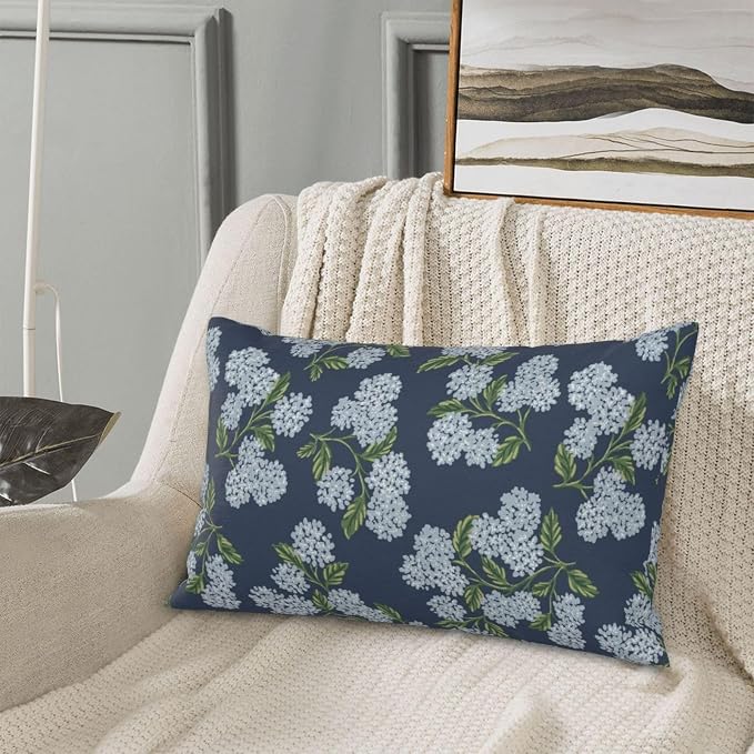 Navy Blue Spring Pillow Covers 12x20 Inch 2 Pcs Blue Green Hydrangea Flower Decor Throw Pillows Vintage Floral Seasonal Summer Outdoor Decoration Pillowcase Linen Cushion Cover for Couch Sofa