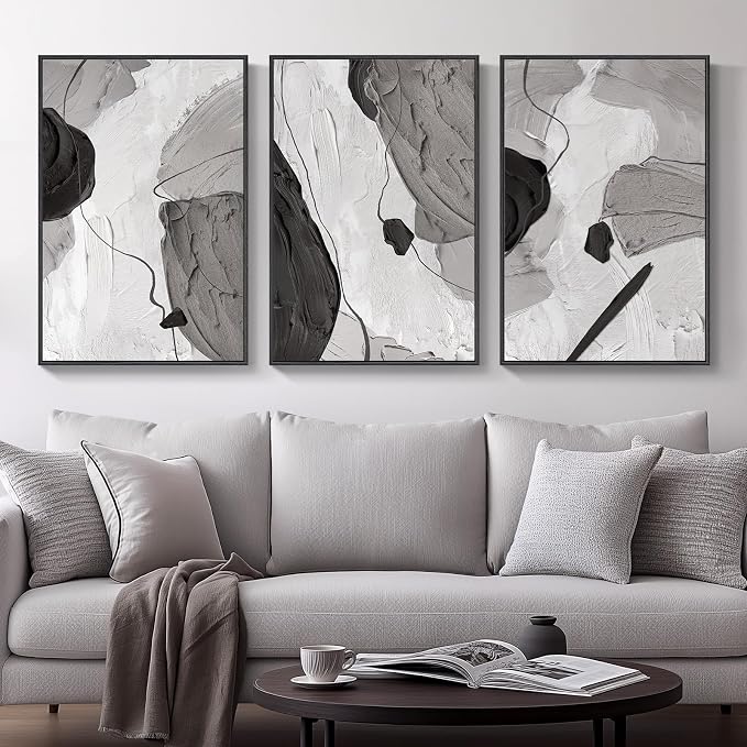 Large Framed Black and White Abstract Wall Art for Living Room, 20x30 Inch | Set of 3 Canvas Prints, Black and White Gray Pictures, Modern Artwork, Minimalist Paintings, Bedroom Dining Room Wall Decor