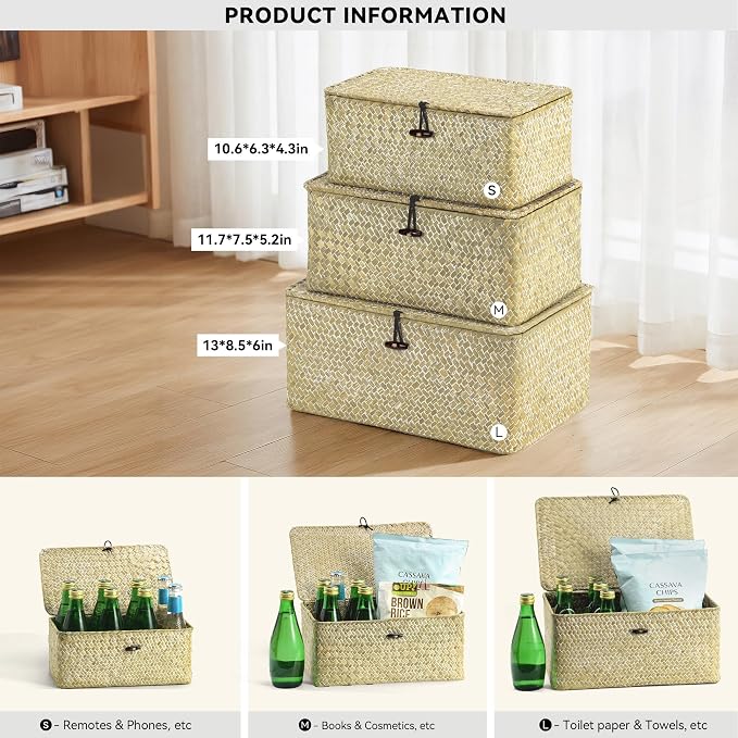 Nonam Wicker Storage Basket with Lid,Seagrass Shelf Basket Set of 3,White | Wicker Basket Container for Organizing, Boho Decorative Basket, Rectangular Household Storage Boxes for Home Organization