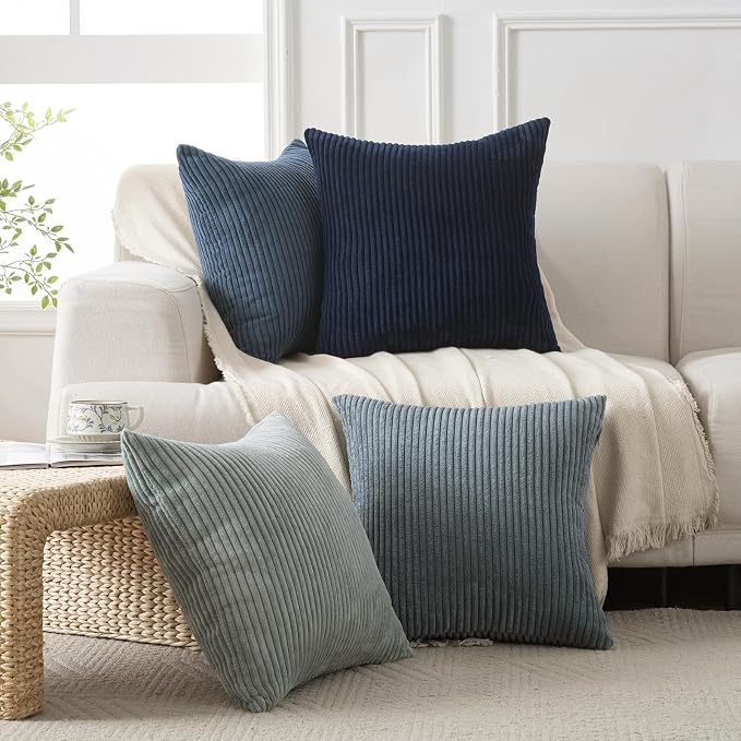 Volcanics Set of 4 Dusty Blue Navy Series Corduroy Pillow Covers 18x18 in | Decorative Modern Boho Striped Cushion Cases for Patio, Balcony, Children Bedroom, Summer Gradient Shams