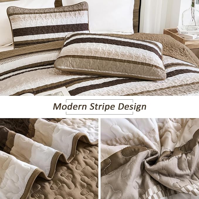 WONGS BEDDING Striped King Quilt Bedding Set, Brown Lightweight Bedspread | Lightweight Microfiber Coverlet, Breathable All-Season, Machine Washable, 3-Piece Set 110"x90", Great for Men Boys Dorm Room