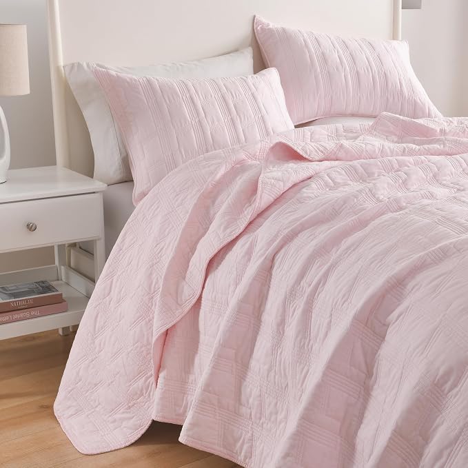 HORIMOTE HOME 100% Cotton Quilt Set Queen Size, Light Pink Pre-Washed 3-Piece Bedspread Coverlet Set, Cozy Lightweight Stitching Bedding Cover with 2 Shams in Geometric Pattern for All Season