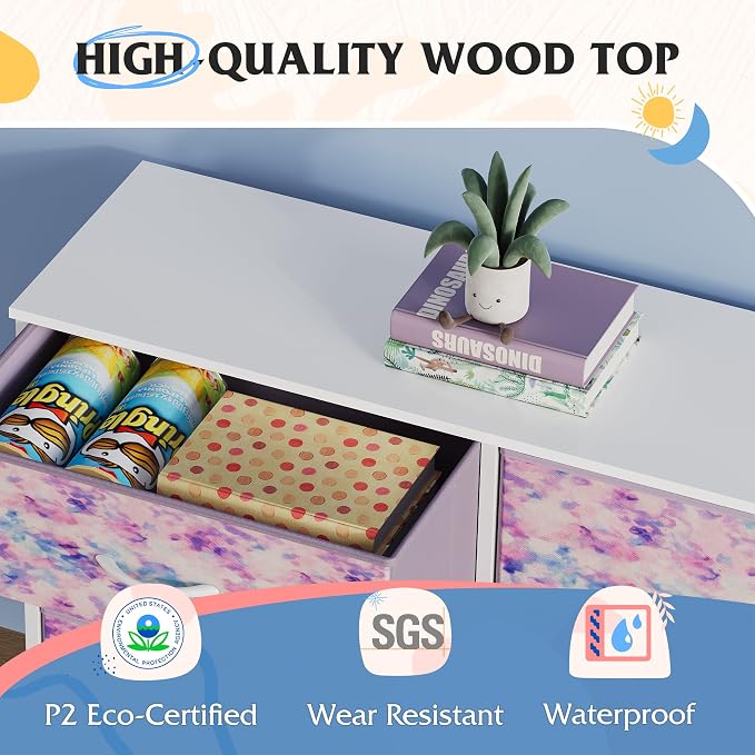 WLIVE 5 Drawer Fabric Dresser for Bedroom, Wide Storage Chest, Tie-dye | 5-drawer wide fabric dresser with steel frame, multipurpose bedroom living room hallway dorm closet storage organizer