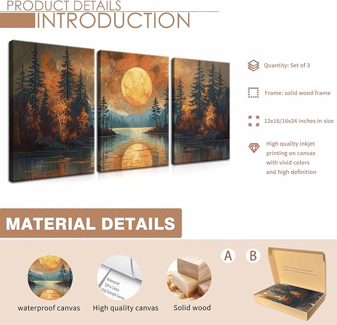 Framed Gold Mountain Forest Sunset Landscape Wall Art Set of 3, Abstract Boho Lakeside Forest Sunset Wall Decor, Vintage Nature Landscape Canvas Prints Poster for Living Room Bedroom Office 16x24 Inch