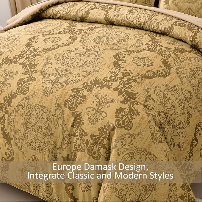 WONGS BEDDING Gold Comforter Set Queen Size, Damask Texture Design 7 Pieces Bed in a Bag Microfiber Comforter Bedding Sets -1 Comforter, 1 Flat Sheet, 1 Fitted Sheet, 2 Pillow Shams, 2 Pillowcases
