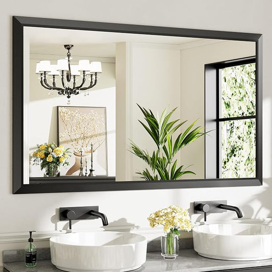 Black Metal Framed Bathroom Wall Mirror, 60x36 Inch | Anti-rust, HD tempered glass, for bathroom vanity, bedroom, living room, horizontal or vertical mount