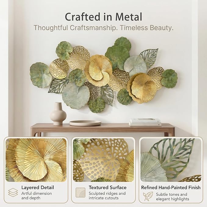Axioglo 51" Large Wall Decor 3D Lotus Leaf Metal Wall Art for Living Room | 51" x 26" metal wall decor with layered metal texture, mounting hardware, two-way display