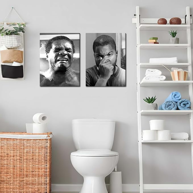 Framed Funny Bathroom Canvas Wall Art Set of 2 - Black and White Vintage Comedy Movies Posters, Funny Toilet Humour Smell Wall Decor Prints for Bathroom Decor 16x24in