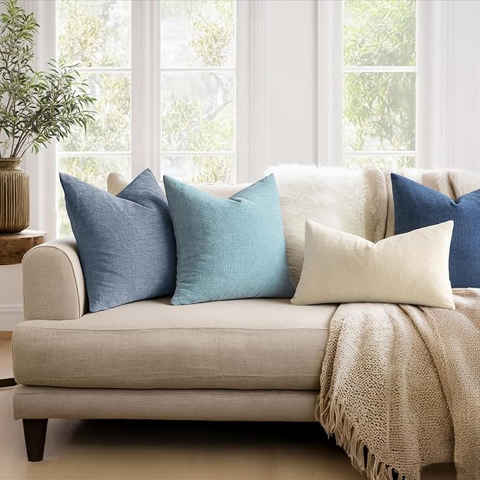 MIULEE Smoke Blue Chenille Couch Lumbar Throw Pillow Covers, 12x20 | Set of 2, Soft Coastal Home Decor, Modern Farmhouse Decorative Pillowcases for Sofa Living Room Bed