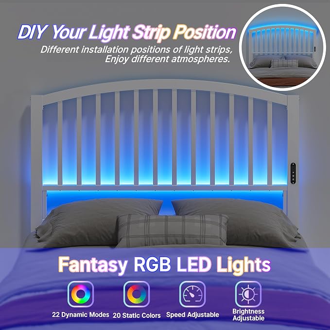 Weehom Metal Full Headboard Only with LED Lights and USB, White | Freestanding full size headboard; adjustable height; USB charging station; modern bedroom design