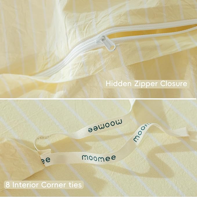 MooMee Striped Duvet Cover Set 100% Washed Cotton Linen Like King | Relaxed Linen-like Texture. Soft, Breathable & Long-lasting Comfort. Lightweight. Hidden Zipper with 8 Interior Corner Ties