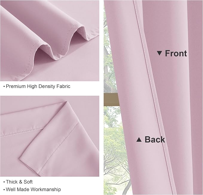 PONY DANCE Room Darkening Curtains - Kitchen Solid Thermal Draperies Rod Pocket Short Panels Drapes for Bedroom Window Treatments, 52 W by 54-inches L, Light Pink, Set of 2