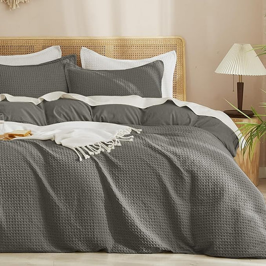 PHF Waffle Duvet Cover California King, Soft & Breathable, 104"x98", Grey | 300GSM Fabrie，No Snagging Textured Honeycomb Comforter Cover for All Season 3pcs, Durable Bedding Duvet Set, Home Decor Gift