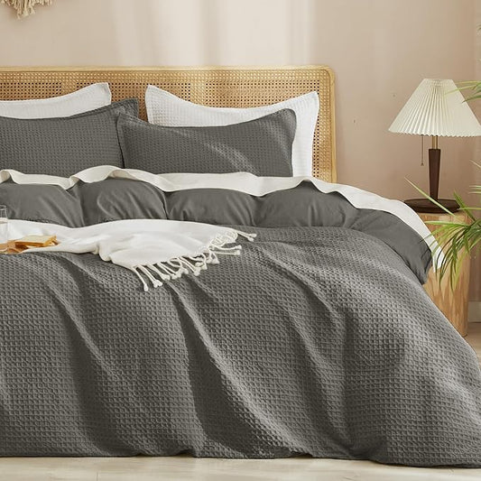 PHF Waffle Duvet Cover Set King, Ultra Soft & Breathable, 104"x90", Grey | 300GSM Fabrie，No Snagging Textured Honeycomb Comforter Cover for All Season 3pcs, Durable Bedding Duvet Set, Home Decor Gift