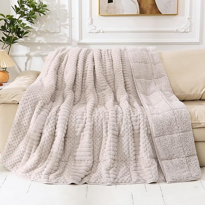 Cottonblue Weighted Blanket 15 lbs for Adults Queen Size Soft Sherpa Fleece | Fuzzy Jacquard Heavy Blankets Throw 60"x80" for Sleep Calm Relax, Cozy Warm Knitted Heavy Blanket for Bed Sofa,Grey & Beige