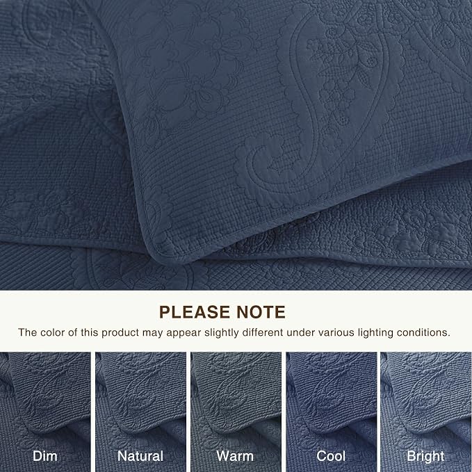 GOONE 100% Cotton Quilt King Size Bedding Quilt Sets 108x98 in, Dusty Blue | Lightweight Breathable Bedspread & 2 Pillow Shams, 3-Piece Floral Medallion Stitch Country Quilted Coverlet for All Season