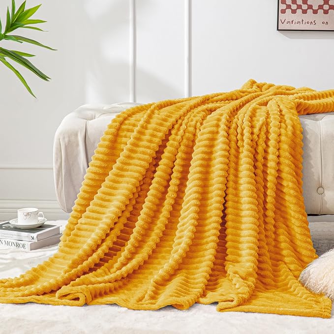 BEDELITE 3D Ribbed Mustard Yellow Fleece Twin Blanket for Couch, 60x80 Inch | Soft Warm Fluffy Blanket for Bed Sofa College Dorm Room Decor, Luxury Cozy Plush Birthday Gifts for Women Girls, Lightweight