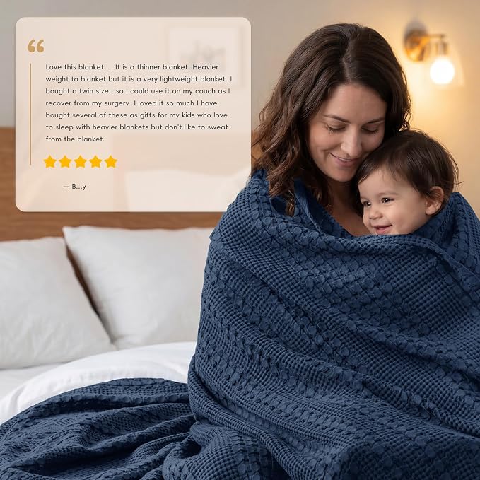 PHF Lightweight 100% Cotton Waffle Blanket for Bed, Queen, Blue Sapphire | Pre-Washed Soft Cotton Comfort, Breathable Layering Warmth for Fall & Winter, Bed, Sofa, Couch, Home Decor & Gifts