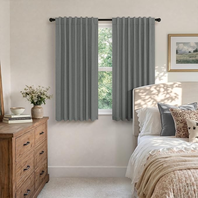 Linen Textured Black Out Blinds for Window 45 Inch Length 2 Panel Modern Farmhouse Kitchen Curtain Small Blackout Short Half Curtain for Nursery Bedroom Winter Thermal Blocking Charcoal Dark Grey Gray