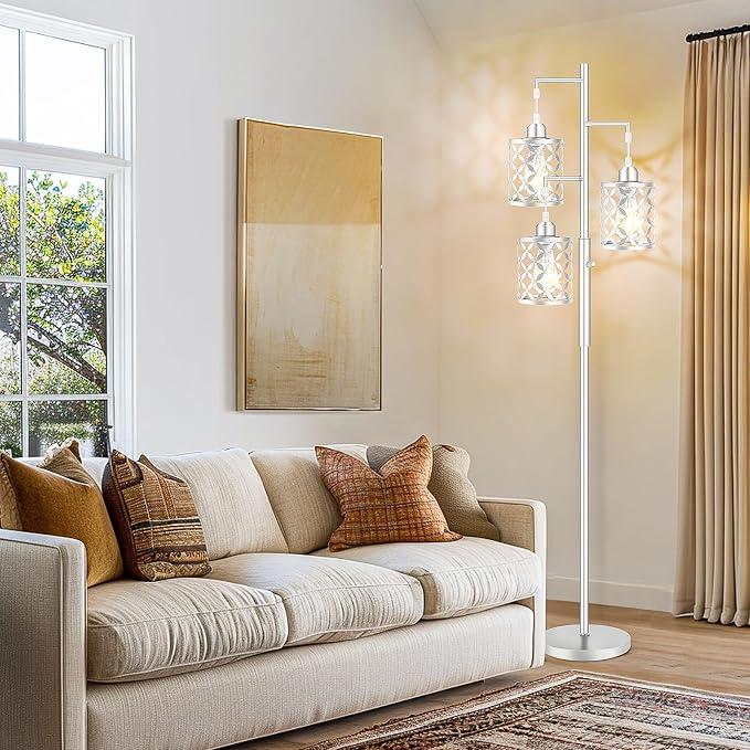 68" Modern Tree Floor Lamp, Dimmable Minimalist Tall Standing Lamp with Metal Cages & Rotary Dimmer Knob, Corner Decor Lighting for Living Room Bedroom Cafe, 3 x 800LM Bulbs Included-Silver