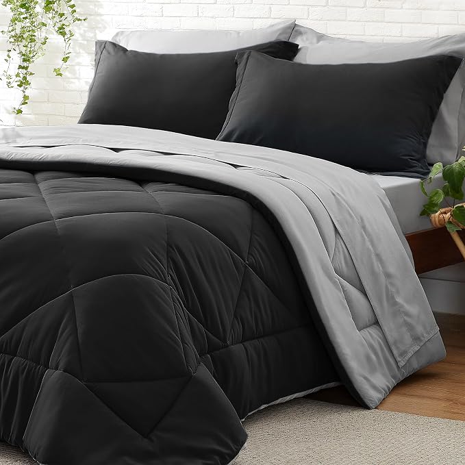 BEDELITE Queen Comforter Set 7 Pieces Bed in A Bag - Soft Microfiber Reversible Black Bed Set with Comforters, Sheets, Pillowcases & Shams, Cozy Luxury Bedding Sets for All Season (Pack of 2)