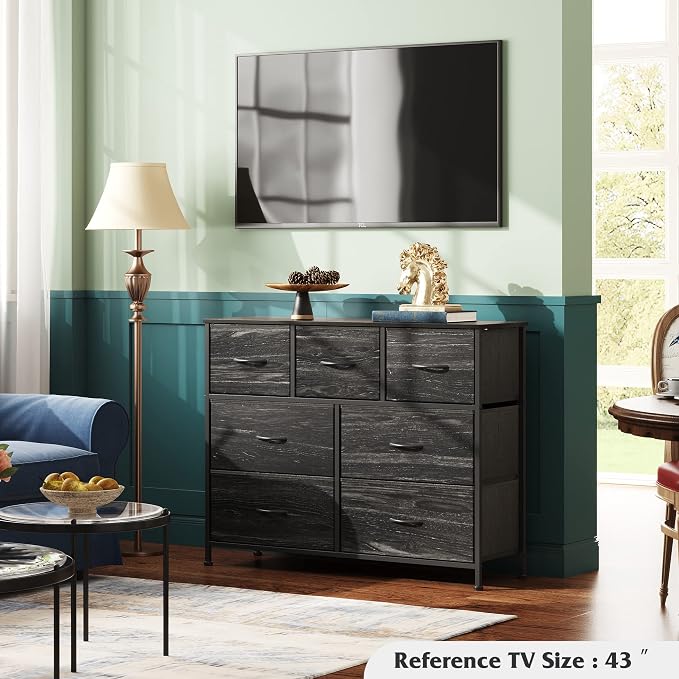 WLIVE Dresser for Bedroom, 7 Drawers, TV Stand, Black Wood Grain | 7 roomy fabric drawers, Fits TVs up to 45 inch, Bedroom or living room, Wide storage design, Chest of drawers