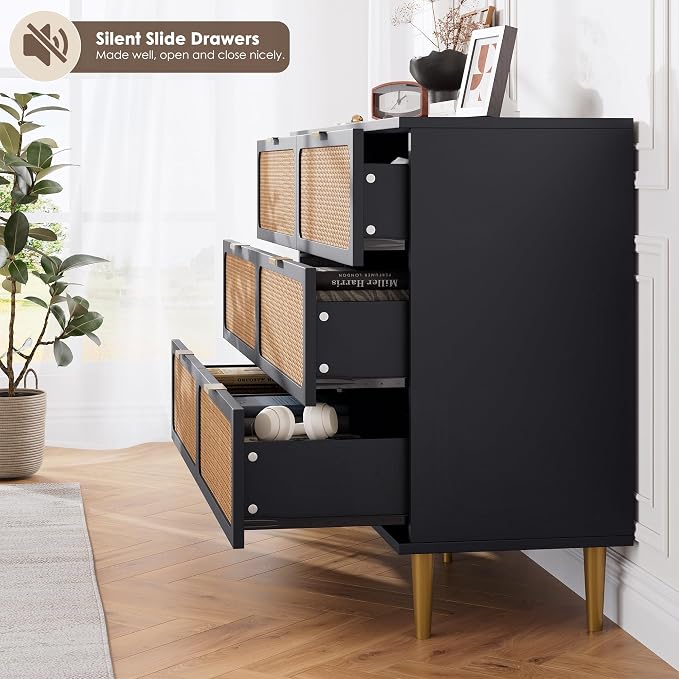 GarveeHome Rattan 6 Drawer Dressers for Bedroom, Deep Drawer, Black | Tall Dresser, Wide Top, for Living Room, Hallway, Kids Room, Large Chest of Drawers for Closet, Long Wooden Dresser