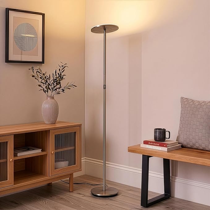 Brightech Sky LED Floor lamp, Torchiere Super Bright Floor Lamp for Living Room Decor & Office - Dimmable, Tall Standing Lamp with Warm Light for Bedroom & Reading - Brushed Nickel