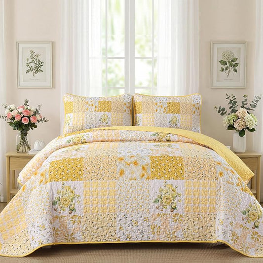 Mybedsoul Yellow Boho Quilt King Size, Patchwork Floral Bedding Set | Soft Lightweight Microfiber Reversible Coverlet Set, 3 Pieces Plaid Bedspread, Bed Sets for All Seasons 90"x110"
