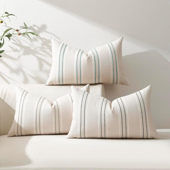 Hckot Stripe Throw Pillow Covers 18x18 Set of 2 Teal Blue Pillow Covers | Farmhouse Decorative Pillows Textured Linen Square Cushion Covers for Sofa Couch Bed Living Room Decor