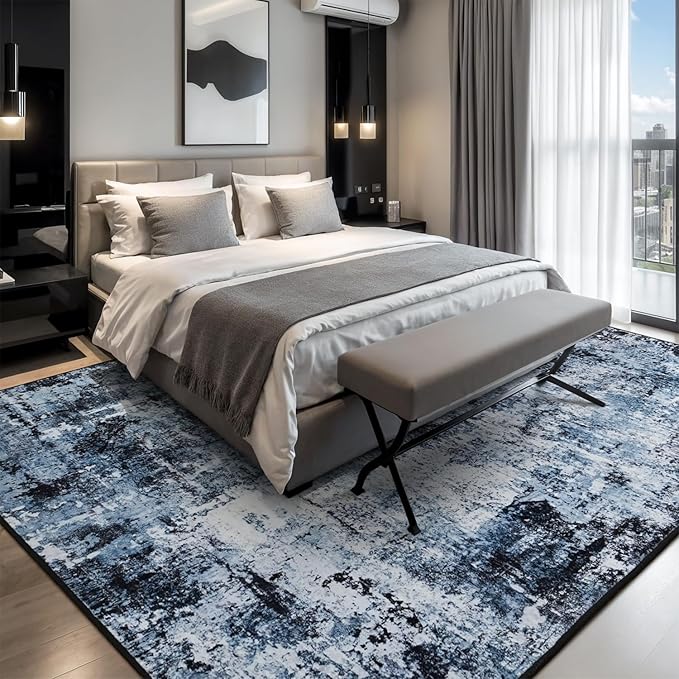 Rugflix 8x12 Area Rugs for Living Room, Washable Navy Blue Dark Large Rug | Machine Washable; Stain-Resistant; Low Pile; Non-Slip; Modern Abstract; Black Carpet for Bedroom Dining Office Nursery Home