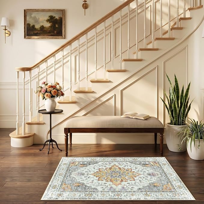 RELEANY Washable Area Rug, Small 2'6"x4', Beige/Carbon Grey/Orange | Non-Slip, Water Repellent, Pet Friendly, Easy to Clean, Vintage Floral Boho Decor for Kitchen Entryway Bathroom