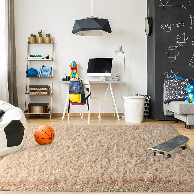 Modern Soft Fluffy Large Shaggy Rug for Bedroom Livingroom Dorm Kids Room Indoor Home Decorative, Non-Slip Plush Furry Fur Area Rugs Comfy Nursery Accent Floor Carpet 4'x6' Light Tan