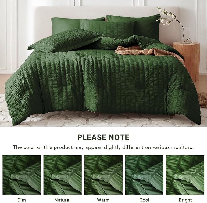7 Pieces Oversized Queen Comforter Set, Seersucker Bed in a Bag Oversized Queen Size, All Season Luxury Bedding Set with Comforter, Flat Sheet, Fitted Sheet, Pillowcases & Shams, Dark Green