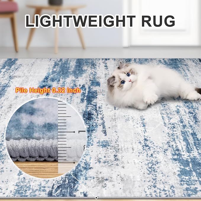PLHXFR 8x10 Area Rug Living Room: Abstract Washable Carpet White Blue | For Bedroom Dining Room Farmhouse Nursery Home,Machine washable,Non Slip,Large Soft Neutral,Stain Resistant, Indoor Floor