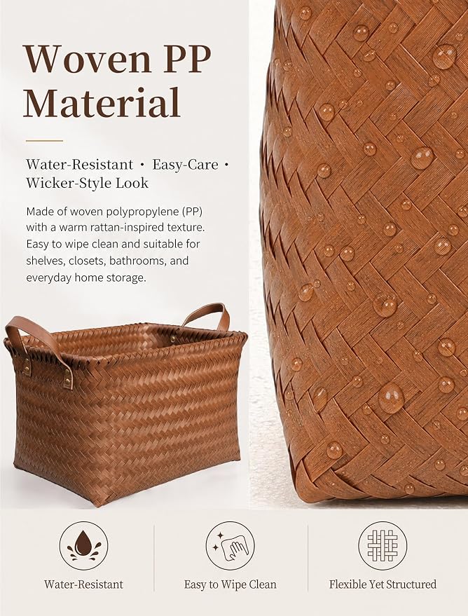 Wicker Storage Baskets, 4 Pack Woven Baskets for Shelves, Brown | PP Rattan, Water-resistant Wicker Basket, Large Baskets with Faux Leather Handles for Blanket, Laundry Organizer, Room Decor