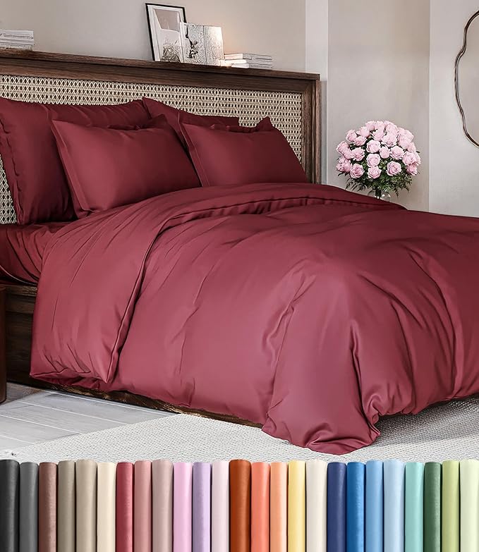 Duvet Cover King Size - Soft 3 Piece with Zipper Closure - Burgundy | Extra Soft, Breathable, King Duvet Cover 104" x 90" with 2 Pillow Shams, Zipper Closures & Ties, Women, Men, Kids & Teens