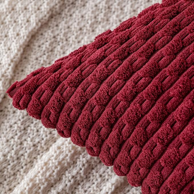 MIULEE Decorative Throw Pillow Covers 18x18 Burgundy Textured Corduroy | Pack of 2 Striped Pillow Covers Modern Farmhouse Home Decor for Couch Bed Sofa Living Room