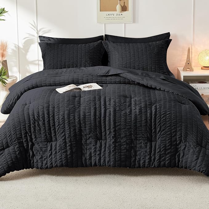 HYMOKEGE Black King Size Comforter Set Seersucker 7 Pieces, All Season Luxury Bed in a Bag for Bedroom, Bedding Set with Comforters, Sheets, Pillowcases & Shams